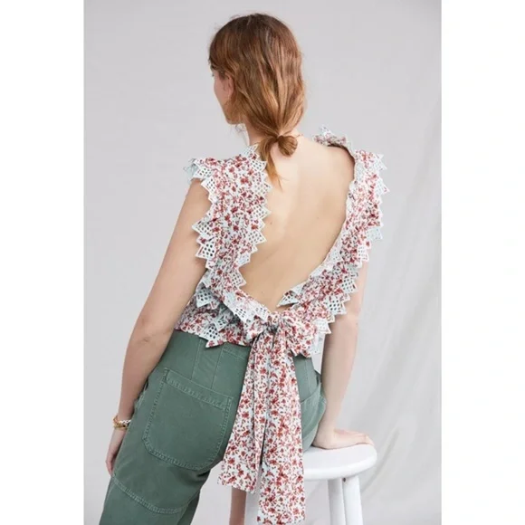 nwt ANTHROPOLOGIE trina bow blouse light blue red floral size large - Picture 5 of 7